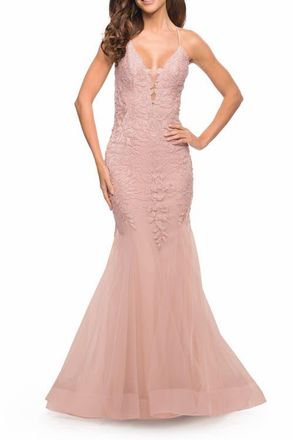La Femme Mermaid Tulle and Lace Jeweled Prom Dress in Dusty Mauve at Nordstrom, Size 10