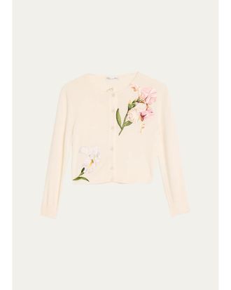 Oscar De La Renta Watercolor Iris Embroidered Crop Crewneck Cardigan