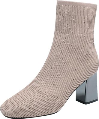 Generic Womens Knit Ankle Boots - Stretch Fabric Block Heel Sock Boots with Sleek Square Toe and Side Zip, Soft Breathable Comfortable High Heel Ankle Shoes f