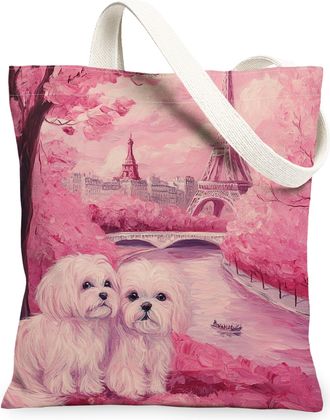 Generic Valentines Day Bunny Rabbit Canvas Tote Bag for Shopping 13x15, Eiffel Tower Puppy Reusable Grocery Print Bag for Women, Couple Beach Aesthetic Painti