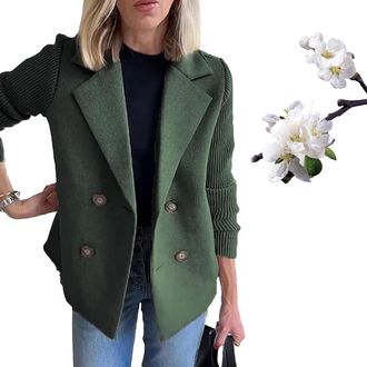 Generic Womens Lapel Button Knitted Patchwork Sleeve Casual Coat Cropped, Women Crop Knitted Pea Double Breasted Blazer Sweater (Green,M)