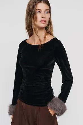 Maeve Velvet Faux Fur Cuff Crew Neck Top