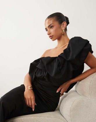 Asos Vestito monospalla nero arricciato lungo fino ai piedi