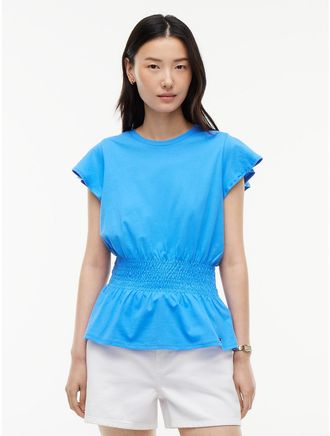 Tommy Hilfiger Womens Flutter-Sleeve Shirred T-Shirt - Blue Spell - XXL