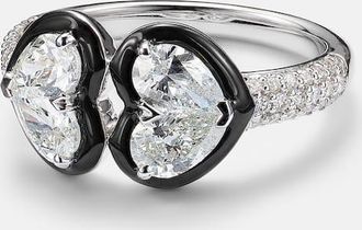 Kamyen Jewellery Anello Twin Heart in oro bianco 18kt e smalto con diamanti