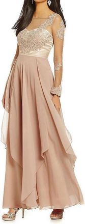 Decode 1.8 Illusion Long Sleeve Layered Chiffon Dress In Dusty Blush