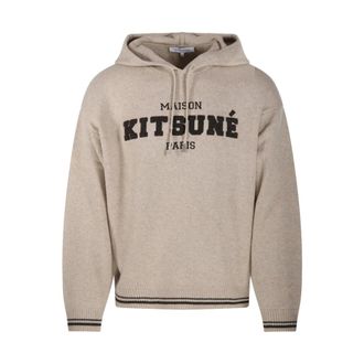 Maison Kitsun&eacute; College Gebreide Wol Hoodie - Heren - Sweatshirts & Hoodies - Beige - Maat: S Wol