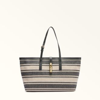 Furla Debby Tote L Toni Indigo Canvas Stripes Fabric + Sidney Calf Leather Woman