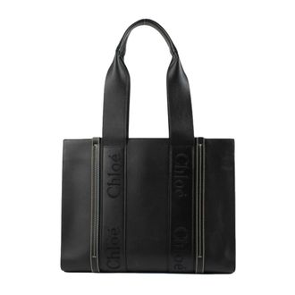 Chlo&eacute; Tote Bags, female, Black, Size: ONE SIZE Woody Medium Leather Tote