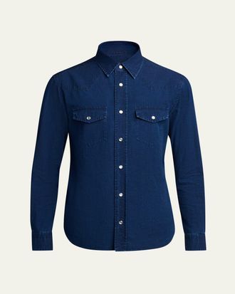 Tom Ford Mens Slim-Fit Denim Poplin Double-Pocket Western Shirt