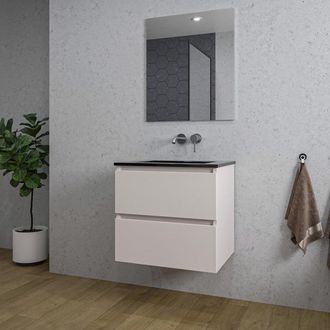 Saniclass Chaci Badkamermeubelset - 60x46x55cm - keramische wastafel zwart - 1 wasbak - zonder kraangat - 2 lades - rechthoekige spiegel - mat cotton (beige)