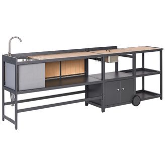 Beliani Conjunto De Cocina Exterior De 3 Piezas Armario De Aluminio Isla De Cocina Fregadero Cubitera Carrito De Jard&iacute;n Madera Clara Ortisei