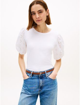Tommy Hilfiger Womens Embroidered Eyelet Mixed-Media Top - White - XXL