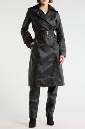 Max Studio Faux Leather Long Trench Coat in Black-Black at Nordstrom Rack, Size X-Small