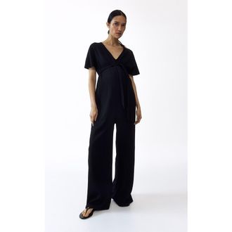 H&M Mama Short-sleeved Tie-belt Jumpsuit in Black at Nordstrom, Size Xx-Large