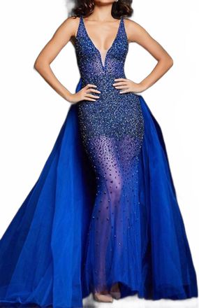 Jovani Plunging V-Neck See-Through Prom Gown In Royal
