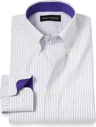 Paul Fredrick Tailored Fit Non-iron Cotton Stripe Dress Shirt With Contrast Trim
