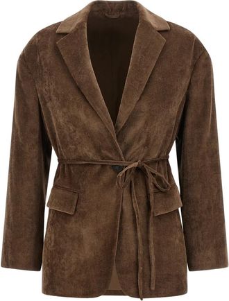 Brunello Cucinelli Microribbed Fluweel Blazer - Dames - Jas met riem - Bruin - XS - Leer - Jassen