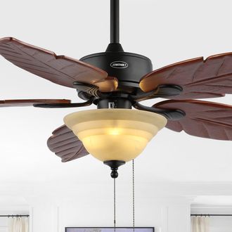 Jonathan Y Designs Poinciana 52 3-Light Coastal Bohemian Iron/Wood Palm Leaf LED Ceiling Fan with Pull Chain, Light Brown