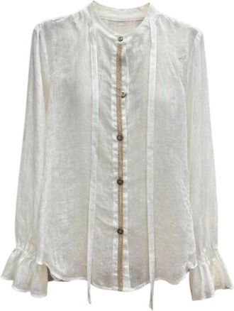 Maliparmi Linnen blouse met profiel en mouw met elastische pols - Dames - Overhemden - Wit - L - Linnen - Overhemden