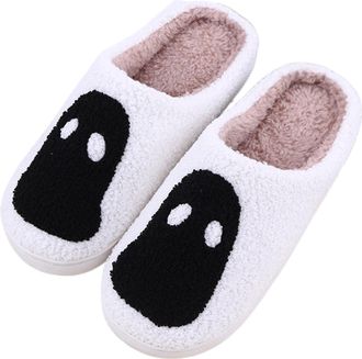 Generic Slippers Women Halloween Couple Design Cozy Indoor Outdoor Fuzzy Shoes For Ladies And Men Black White Ghost Pattern Womens Winter Slippers(White, 8.5)