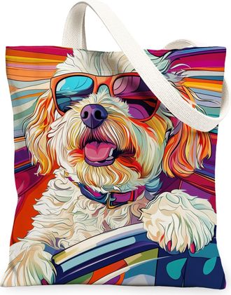 Generic Cavachon Dog Canvas Tote Bag for Shopping 13x15, Pop Aesthetic Funky Puppy Reusable Grocery Print Pattern Bag for Women, Cool Pet Beach Aesthetic Pain