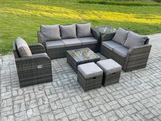 Fimous Rattan Garden Furniture 7 Piece Patio Set With Table Sofa Square Coffee Table Reclining Chair Love seat sofa Side Table in Dark Grey