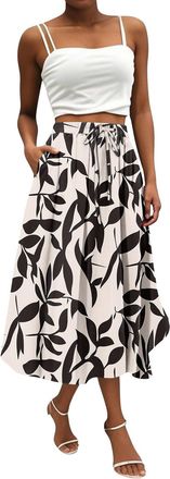 Generic Midi Skirts for Women UK, Womens Flowy Elastic High Waist Skirts Summer Boho Floral Pattern Print Casual A Line Midi Skirt with Pockets for Beach Holi