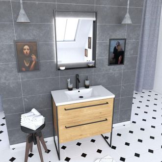 Aurlane Aurlane - Pack Mueble De Ba&ntilde;o 80cm Con Patas, 2 Cajones - Lavabo Blanca + Espejo Led