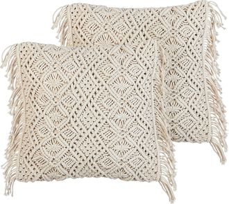 Beliani Conjunto De 2 Cojines De Algod&oacute;n Con Relleno Macram&eacute; Patr&oacute;n Boho Flecos 45 X 45 Cm Beige Pattan