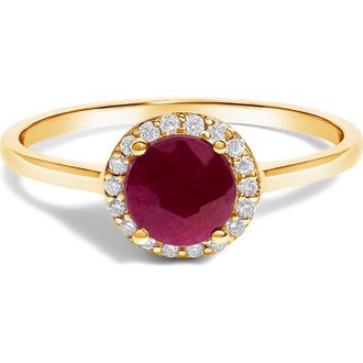 House of Brilliance 10K Gold Gemstone and 1/10 Cttw Diamond Halo Birthstone Ring in Yellow | Red Ruby at Nordstrom, Size 6.5