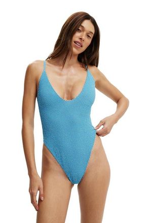 Cotton On Womens Tie Back Strappy One Piece Brazilian in Blue Mini Gingham at Nordstrom, Size X-Large