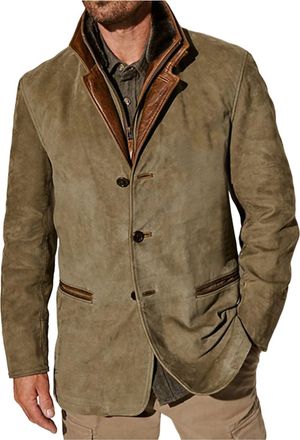 Generic Mens Vintage Faux Suede Blazer Leather Suit Jacket,Buttons Zipper Overcoat Lapel Cargo Coat Outwear with Pockets (Khaki,M)