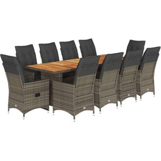 vidaXL Set De Mesa Y Sillas De Jard&iacute;n 11 Pzas Y Cojines Rat&aacute;n Pe Gris Vidaxl