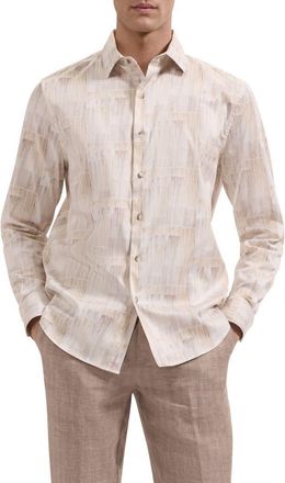 Bugatchi Julian Shaped Fit Brushstroke Print Stretch Cotton Button-Up Shirt in Almond at Nordstrom, Size Xx-Large
