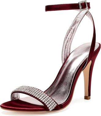 Generic Wedding Bridal Shoes Womens Satin Ankle Strap Bridal Open Toe Prom Party Dress Stiletto Sandals 10.5,Burgundy,10 UK