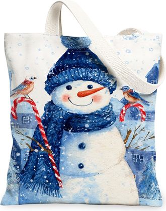 Generic Winter Snow Man Canvas Tote Bags, Cute Cold Character Pattern Reusable Grocery Bags, Festive Lightweight Washable Shoulder Strap Canvas for Travel Bea