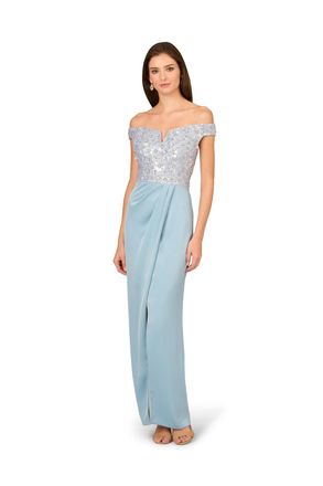 Adrianna Papell Womens Beaded Long Dress - Blue Satin - Size 12 UK