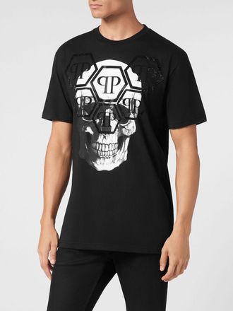 Philipp Plein T-shirt in cotone con stampa Skull e logo Hexagon in strass