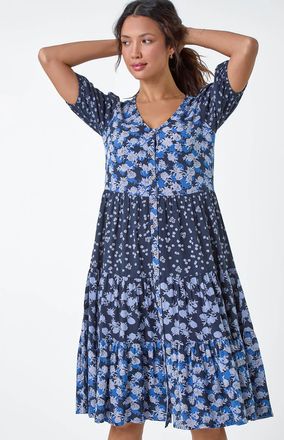 Roman Floral Cotton Blend Tiered Smock Dress