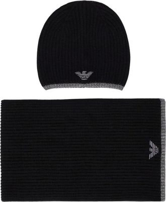 Emporio Armani Luxe Zwart Grijze Beanie en Sjaal Set met Logo - Heren - Wintersjaals - Zwart - ONE Size - Wol - Accessoires