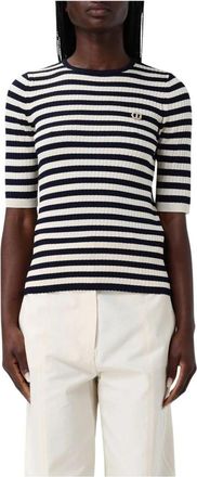 Twinset Blauwe Geribbelde Gebreide Korte Mouw Sweater - Dames - Ronde hals truien - Veelkleurig - S - Truien & Vesten