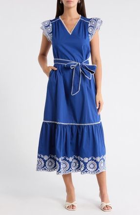 Sugarlips Siera Embroidered Ruffle Maxi Dress in Navy-White at Nordstrom, Size X-Large