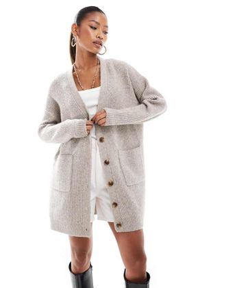 Aria Cove knitted oversized cardigan mini sweater dress in stone-Neutral