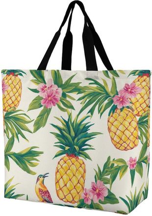 Generic Tropical Pineapple Bird Floral Large Reusable Shopping Bag Lightweight Foldable Tote Bags Washable Shoulder Handbag