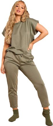 Crazy Girls Womens Short Sleeve Boxy Loungewear Ladies Two Piece Co ord Set Tracksuit (16/18, Khaki)