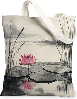 Generic Spring Japanese Water Lily pad Canvas Tote Bag for Shopping 13x15, Asian Lotus Leaf Reusable Grocery Print Bag for Women, Cool Chinese Floral Beach Ae