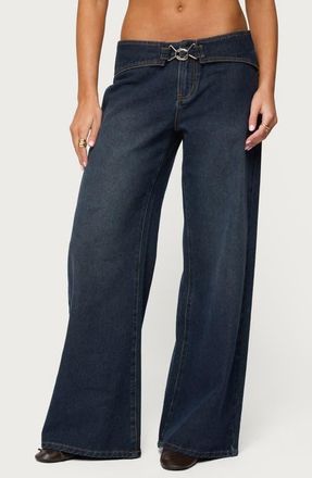 Edikted Briah Belted Low Rise Wide Leg Jeans in Blue at Nordstrom, Size X-Small