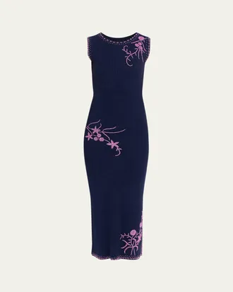 Prabal Gurung Floral Bead Embroidered Rib Knit Midi Dress