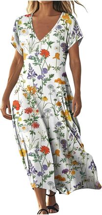 Generic Womens Dress Summer Dresses for Women UK Boho V Neck Floral Midi Dress Plus Size Casual Petite Short Sleeve Flowy Long Sundress Fashion Beach Vacation